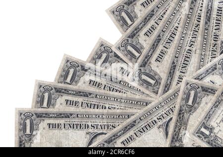 1 US dollar bills lies in different order isolated on white. Local banking or money making concept. Business background banner Stock Photo