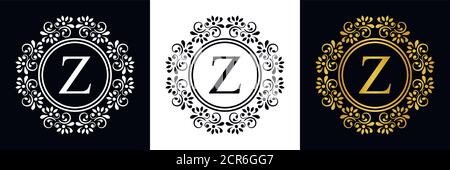 Gold letter Z. Vintage set black, white and golden flower ornament initial letters.  Alphabet. Logo vector Stock Vector
