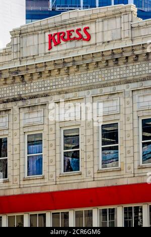 The historic Kress building faces Dauphin Street, Sept. 17, 2020, in Mobile, Alabama. The building, built in 1913, was designed by Seymour Burrell. Stock Photo