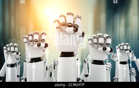 Robot humanoid hands up to celebrate success achieved by using AI artificial intelligence thinking and machine learning process for the 4th industrial Stock Photo