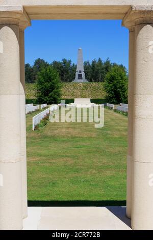 The 5th Australian Division Memorial at the Buttes New British Cemetery as seen from the New Zealand Memorial in Zonnebeke, Belgium Stock Photo