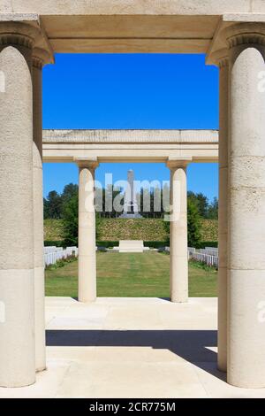 The 5th Australian Division Memorial at the Buttes New British Cemetery as seen from the New Zealand Memorial in Zonnebeke, Belgium Stock Photo