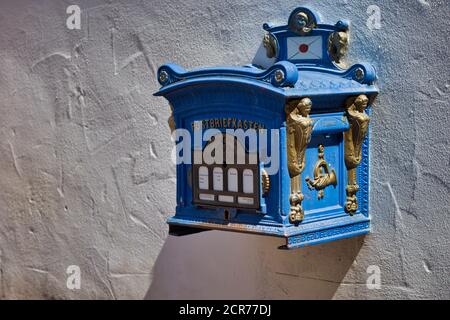Blue post box, Lohr am Main, Main-Spessart, Lower Franconia, Bavaria, Germany Stock Photo