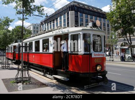 A vintage tram runs on Ringstrasse street in Vienna, Austria, June 28, 2016. REUTERS/Heinz-Peter Bader