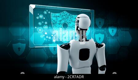 AI robot using cyber security to protect information privacy . Futuristic concept of cybercrime prevention by artificial intelligence and machine Stock Photo