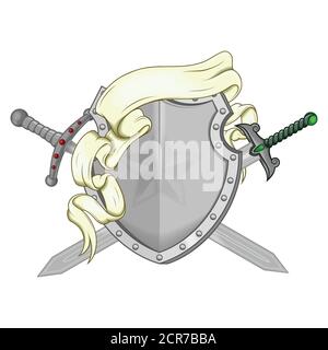 Illustration of coat of arms with ribbons and two swords, all on white background. Stock Vector