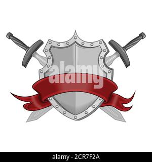 Illustration of coat of arms with ribbons and two swords, all on white backgroun Stock Vector