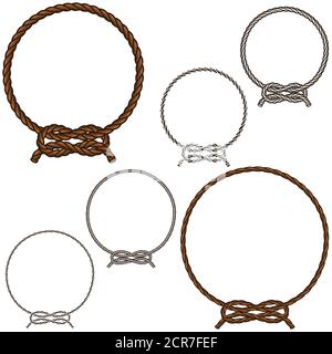 Vector illustration of knotted ropes in color and black and white, easy to change color, all on white background. Stock Vector