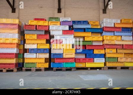 Germany, Mecklenburg-Western Pomerania, Sassnitz, colorful fish boxes in the city port of Sassnitz, Ruegen island, Baltic Sea Stock Photo