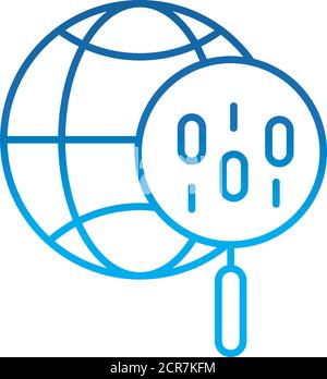 data analysis, magnifying glass world social management vector illustration gradient blue line icon Stock Vector
