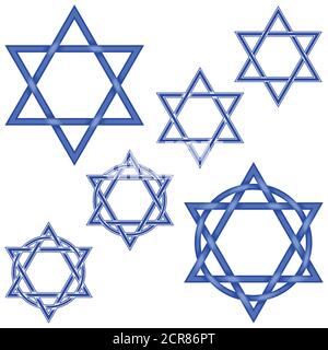 Illustration of 6 stars intertwined hexagram and with circle, in blue color, all on white background, easy to change color and use Stock Vector