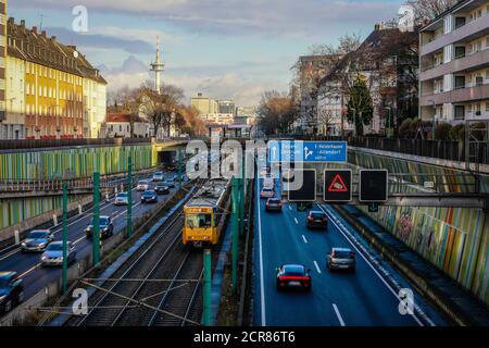 Autobahn A40 and underground line U18, city freeway in Essen, blue environmental zone, this area would be affected by a diesel driving ban, Essen, Stock Photo