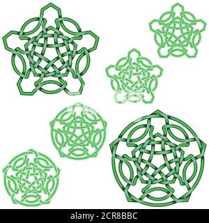 Vector illustration of interlocking five-pointed stars in Celtic style surrounded by circle, easy to edit and change color, all on white background. Stock Vector