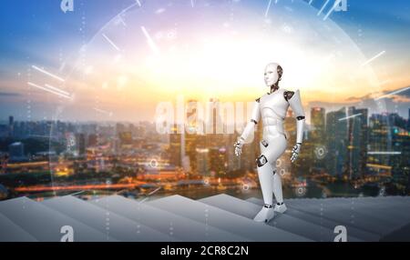 3D rendering robot humanoid walk up stair to success and goals achievement. Concept of AI thinking brain and machine learning process for the 4th Stock Photo