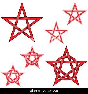 Illustration of 6 intertwined pentagram stars with a circle, in red, all on a white background, easy to change color and use Stock Vector