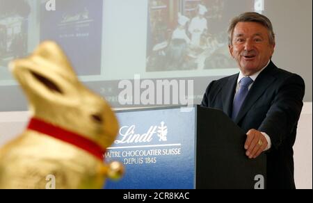 Ernst Tanner, CEO of Swiss chocolatier Lindt & Spruengli addresses the annual news conference in Kilchberg near Zurich March 1, 2012. The maker of Lindor chocolate balls and gold foil-wrapped Easter bunnies said net profit rose 1.9 percent in 2011 to 246.5 million Swiss francs, just ahead of the average analyst forecast for 244 million Swiss francs in a Reuters poll. REUTERS/Arnd Wiegmann (SWITZERLAND - Tags: FOOD BUSINESS TPX IMAGES OF THE DAY)