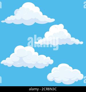 Illustration of cartoon white clouds. Blue sky with different cloud shapes. Stock Vector