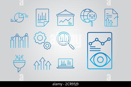 data analysis, business marketing strategy, gradient blue line icons pack vector illustration Stock Vector
