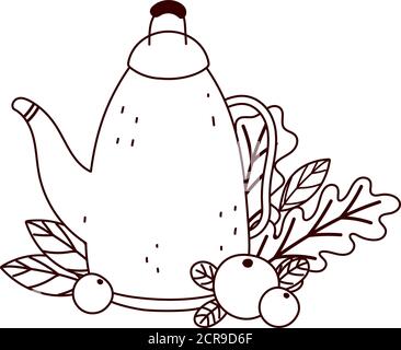 autumn teapot fruits leaves isolated design white background vector illustration line style Stock Vector
