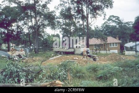 Sydney Australia, 1958: Workers on a home building site mix, move and pour barrow loads of concrete as they build the foundations of a new brick home in Turramurra, Sydney, Australia. This image was taken long before any understanding of skin cancer when it was common for men working outside in Australia's warmer months to wear no shirt or hat. Stock Photo