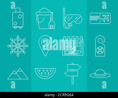 summer vacation travel recreation adventure collection icons linear style, green background vector illustration Stock Vector