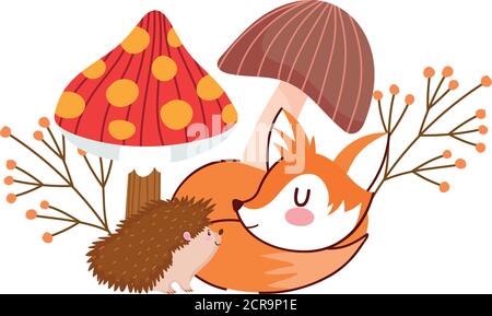 hello autumn, hedgehog and sleeping fox mushrooms and leaf vector illustration Stock Vector