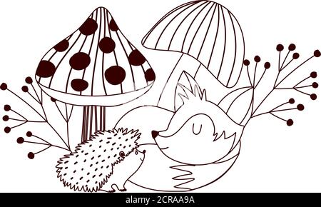 hello autumn, hedgehog and sleeping fox mushrooms and leaf line style vector illustration Stock Vector