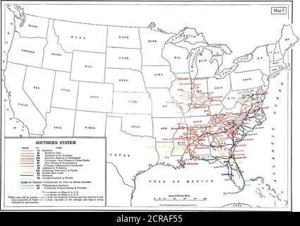 . A plan for railroad consolidations, including a discussion of their purpose and practicability . Lines at Present Controlled by Two or More Systems,i,„„„,„^,,„„„,,,, 101 **Washington Southern.^ ^      88 tl^ifhmond, Fredericksburg & Potomac  ——^. 103 ttWestern Railway of Alabama ** Also shown on Maps 3, 4, 5, 7.iAlso shown on Maps 3, 4, 5, 7.tt Also shown on Map 13.* This road will be jointly controlled by the Atlantic Coast Line-Louisville & Nash-ville System and the Southern System, one-half of the mileage and figures beingincluded in each system.. Map 7 Stock Photo