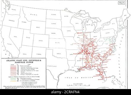 . A plan for railroad consolidations, including a discussion of their purpose and practicability . Trackage rights are shown in £he samecolor as the roads having the right, butin a broken line thus:. Scale of Statute Miles 1Q0 150 200 ^ THE MATTHEWS-NOHTHRUP W0PK9, BUFFftLO, N.Y. Lines at Present Controlled by Two or More Systems,i,„„„,„^,,„„„,,,, 101 **Washington Southern.^ ^      88 tl^ifhmond, Fredericksburg & Potomac  ——^. 103 ttWestern Railway of Alabama ** Also shown on Maps 3, 4, 5, 7.iAlso shown on Maps 3, 4, 5, 7.tt Also shown on Map 13.* This road will be jointly controlled by the At Stock Photo