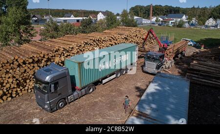 Wissen, Germany. 17th Sep, 2020. Spruce wood is loaded into overseas containers for transport to China (aerial view with a drone) (to dpa: 'Collapsed timber market frustrates forest owners') Credit: Thomas Frey/dpa/Alamy Live News Stock Photo