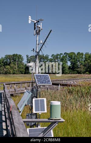 Automated weather and ecological data center solar panel, St. Jones Reserve, Dover, DE. Stock Photo