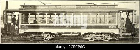 . Electric railway journal . Electric Ry. Journal Baltimore Prepayment Car—Seating Plan and GeneralDimensions The diagrams on page 628 show the car-wiring schemesfor all equipments except the push-button circuit. Wires arerun in conduit for the heaters, although at the present writing noheaters are installed. At each intermediate post there is sup-plied a pearl push button connecting with a monitor bell ateach end for passengers to signal to the conductor. This cir-cuit is operated by three dry cells. All the lights of the carare placed in grooved moldings. Each platform has two lightson the t Stock Photo