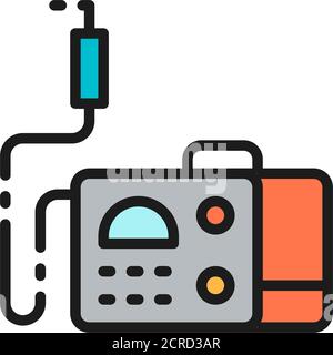 Welding machine with spark torch, welder tool flat color line icon. Stock Vector