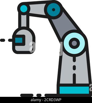 Wireless robotic welding machine, robotic arm with spark torch color line icon. Stock Vector