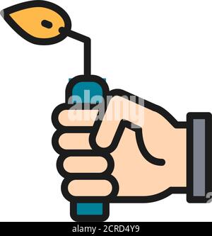 Hand with blow torch, device for gas welding works flat color line icon. Stock Vector