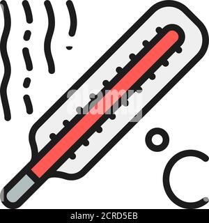 Thermometer, high temperature, fever flat color line icon. Stock Vector