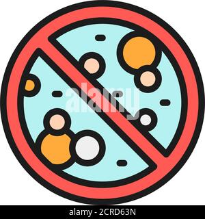 Forbidden sign with microbes, antibacterial, no bacteria flat color line icon. Stock Vector