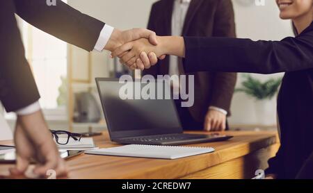 Business partners making successful deal and confirming their collaboration by shaking hands Stock Photo