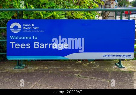 Sign outside the Canal and River Trust offices housed in the Tees Barrage Stock Photo