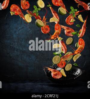 Food preparation, fresh prawns ready for cooking with space for text Stock Photo