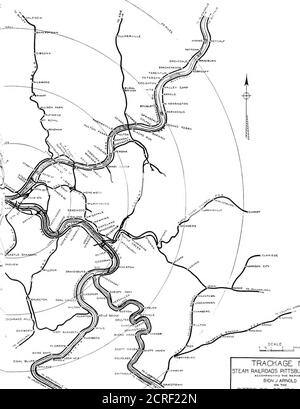 . Report on the Pittsburgh transportation problem, submitted to Honorable William A. Magee, mayor of the city of Pittsburgh . MAP OF STEAM RAILROAD LINES 1 This diagramatical map of the district around Pittsburgh conveys a clear conctinto Pittsburgh proper. The irregular routes of most of the lines also emphasize tstriking feature of this development is the paralleling of all four rivers by railroadcity, and it is owing to the fact that these bottom lands have long been completeljto gain effective entry into Pittsburgh.. TRACKAGE MAP STEAM RAILROADS PITTSBURGH DISTRICT :OMPANYINC THE REPORT OF