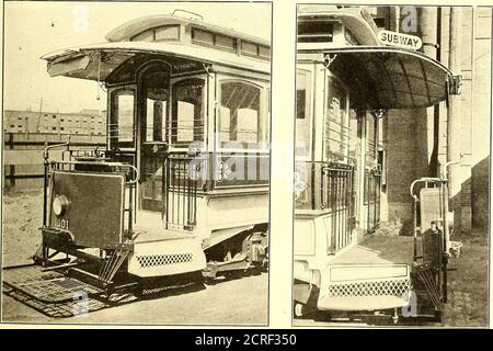 . The Street railway journal . FIG. 10.—TWO VIEWS SHOWING PLATFORM OF A BOSTON CAR and other necessary pieces of apparatus are added to theweight which has to be carried at the outer ends of theplatform timbers. In Fig. 5 we have a bottom view of the floor frame of afour-wheel electric car. It is the standard Hrili construc- FIG. 9.—STANDARD PLATFORM FRAMING OF THE JEWETT CARCO. BOTH STIRRUPS AND STRAPS ARE COMMONFORMS OF CONSTRUCTION FOR HOLDINGTIMBERS is the strength to resist collisions. The strength of the endsill is somewhat increased by the diagonal braces, which run from its center toth Stock Photo