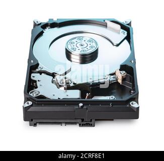 disassembled computer hard drive on white isolated background Stock Photo