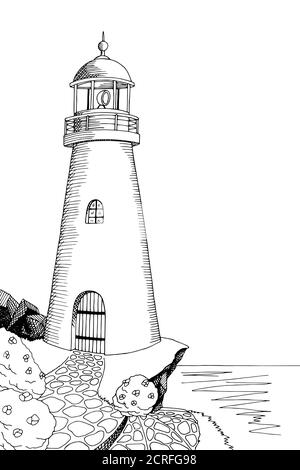 Lighthouse graphic art black white sea landscape illustration vector Stock Vector