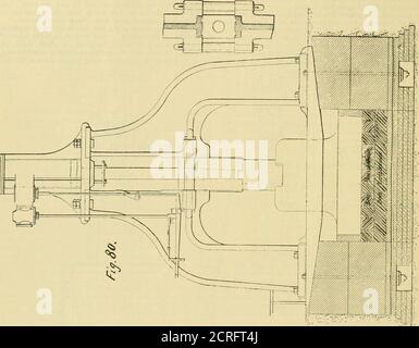 . The railroad and engineering journal . the lever B. G is a circular balanced valve for distribution of steam ;it has no packing, as the expansion of the bronze of whichit is made is greater than that of cast iron ; this is suffi-cient to make a tight joint. D is the valve rod, which can be moved by hand throughthe lever Q. /is a projecting lug or cam fi.xed to the hammer ; whenthe piston rises this cam slides along the curved lever/. height of the cylinder, and we can thus use the maximumstroke. g is a hand-lever, which is not used when the hammerwo^ks automatically, but when it is necessary Stock Photo