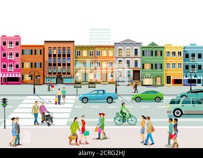 City with road traffic, apartment buildings and pedestrians on the sidewalk Stock Photo