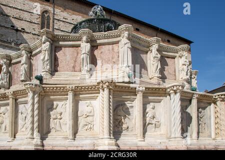 Fontana maggiore, symbol of Perugia, Italy, in the central square of the old quarter, masterpiece of medieval sculpture by Nicola and Giovanni Pisano Stock Photo