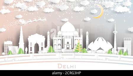 Delhi India City Skyline in Paper Cut Style with Snowflakes, Moon and Neon Garland. Vector Illustration. Christmas and New Year Concept. Santa Claus. Stock Vector