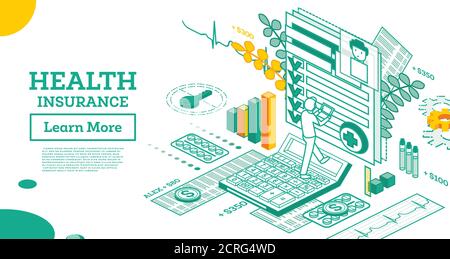 Isometric Health Insurance Contract. Man Fills Form of Insurance. Vector Illustration. Health Сare Concept. Medical Document Form. Stock Vector