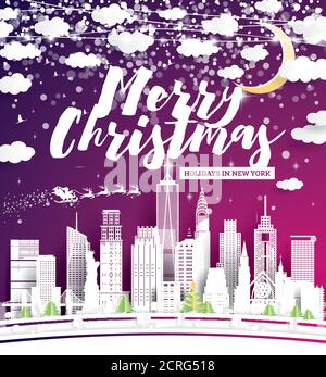 Christmas Flyer with New York USA City Skyline in Paper Cut Style. Vector Illustration. Holiday Banner for Night Party or New Year Event. Xmas Sparks. Stock Vector